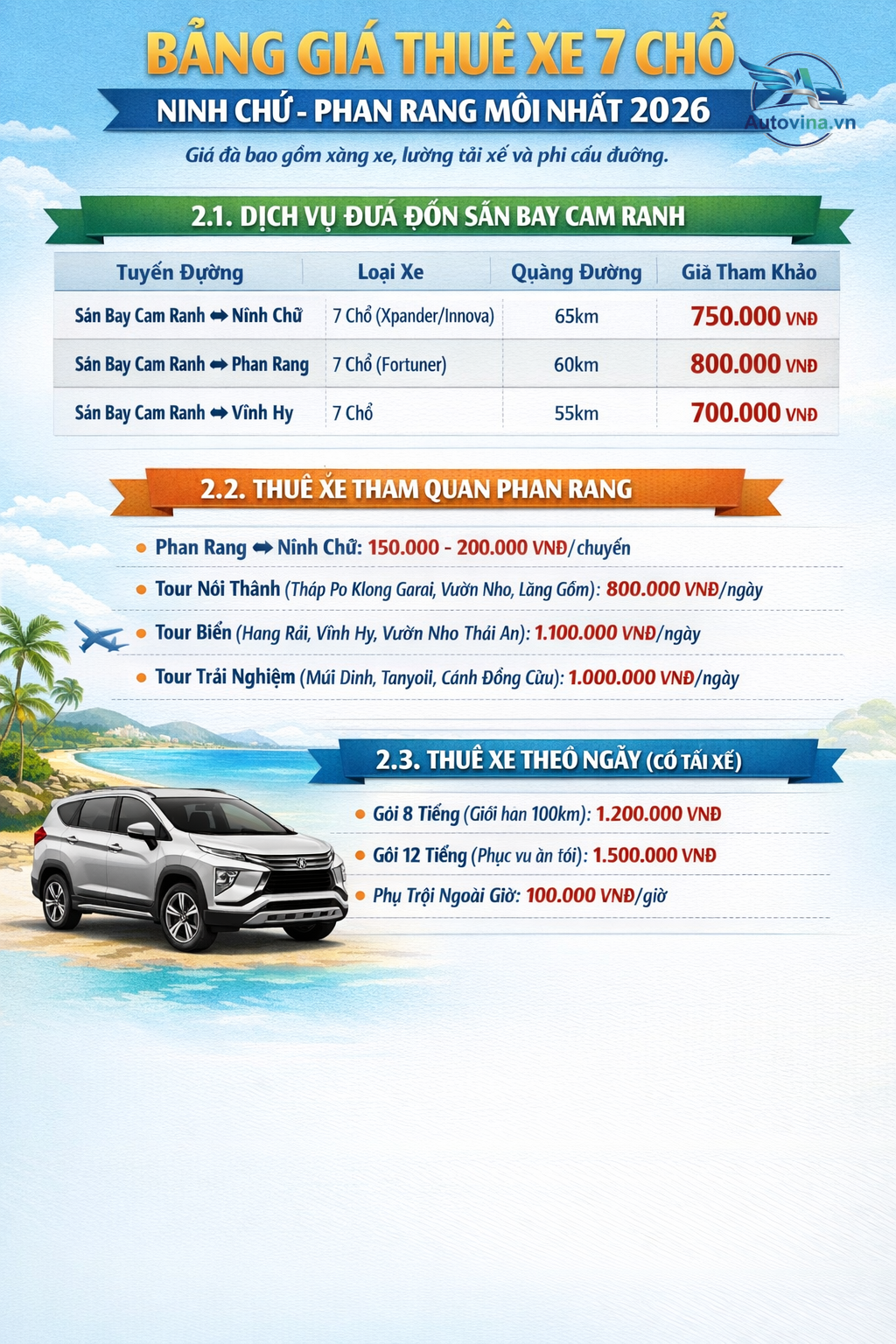 Bảng giá thuê xe 7 chỗ Ninh Chữ 2026 Bảng giá thuê xe 7 chỗ Ninh Chữ 2026